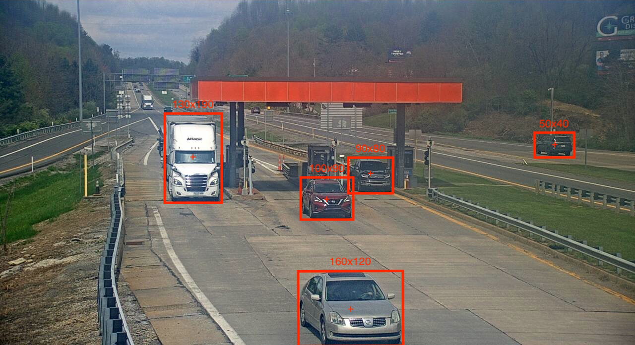 Relative size and position of detected objects An image of a highway with detected vehicles. The vehicles are inside a bounding box, with the size of the bounding box displayed on top, and a marker in the middle of the bounding box shows its position.